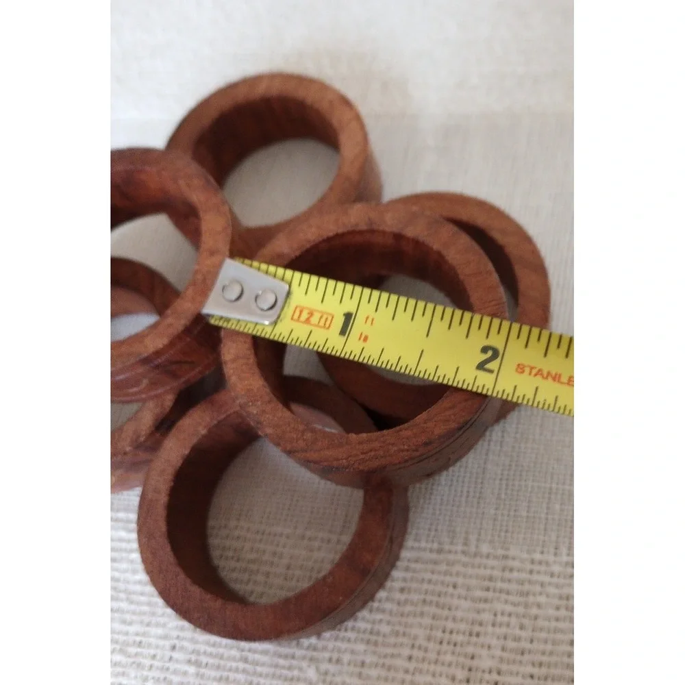 VTG Mid-Century Modern Set of 6 Wood Napkin Rings W/ Brass Inlay Made in India